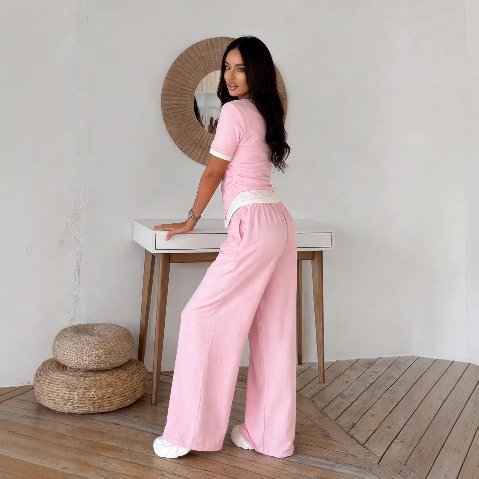Women's Solid Color Long Sleeve Faux Two-Piece T-Shirt and Pants Set