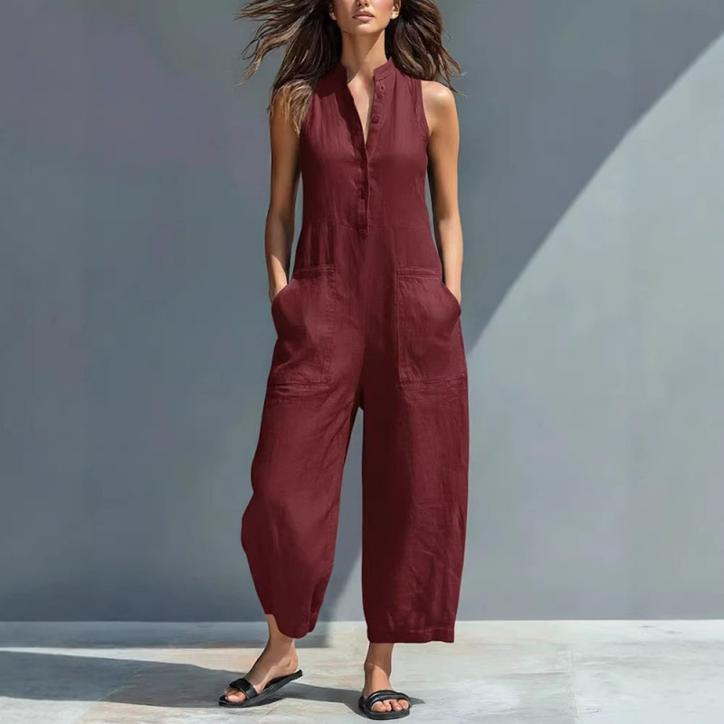 Women's Casual Sleeveless Stand Collar Pocket Jumpsuit