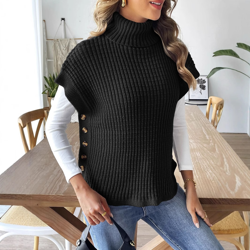 Women's High Neck Sleeveless Knit Sweater Vest with Button Accents