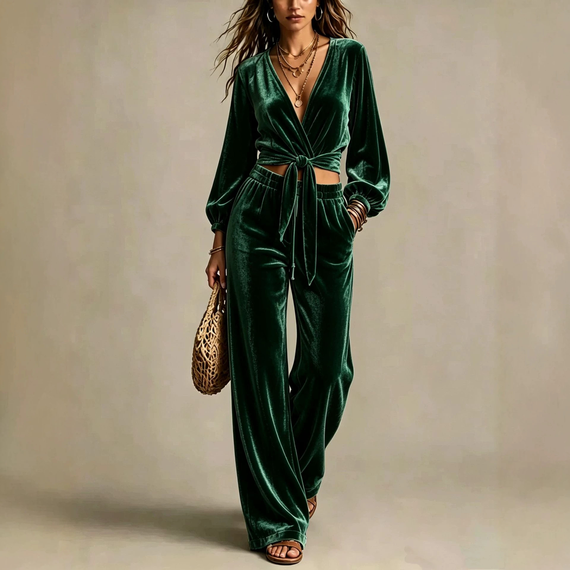 Corduroy V-Neck Cinched Waist Two-Piece Pants Set