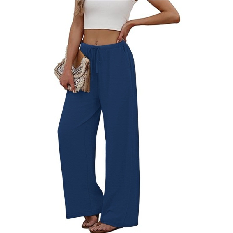 Women's Solid Color Elastic Waist Wide-Leg Beach Pants with Pockets