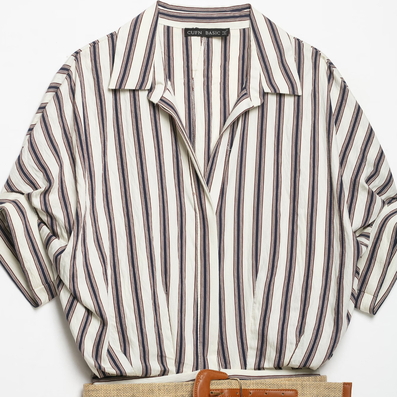 Striped Print Button-Front Shirt Dress Casual Midi