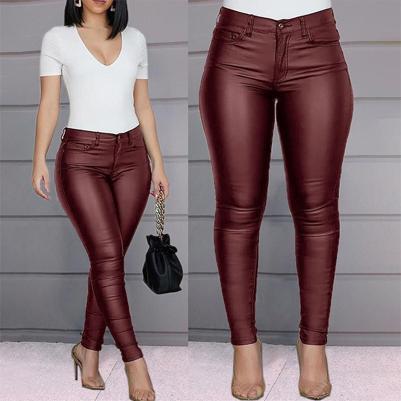 Women's Solid PU Leather High-Waist Skinny Pants