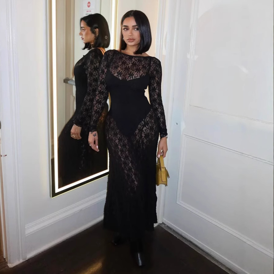 Women's Lace Sheer Open-Back Long Dress
