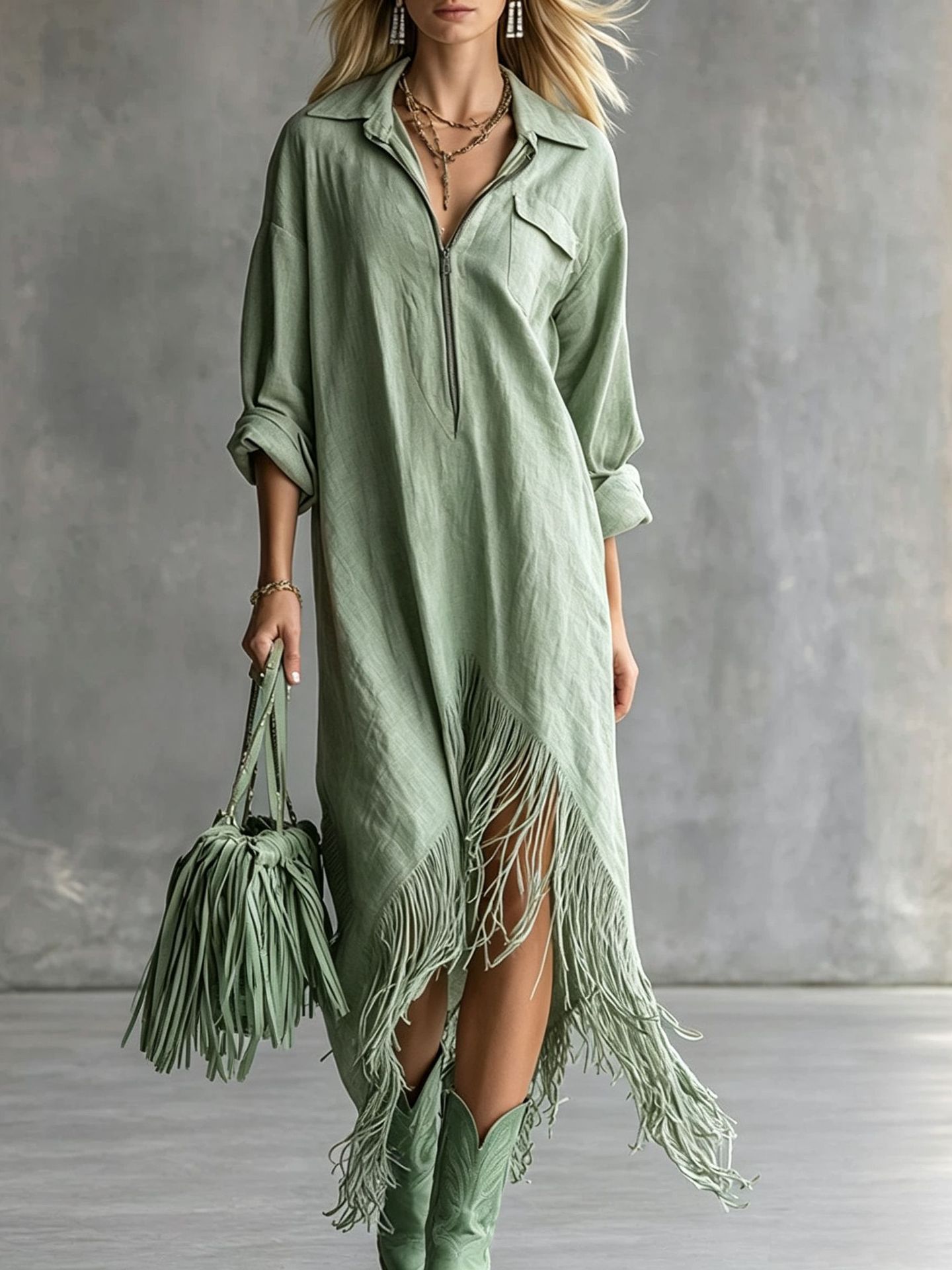 Bohemian Vintage Loose Irregular Hem Fringe Dress