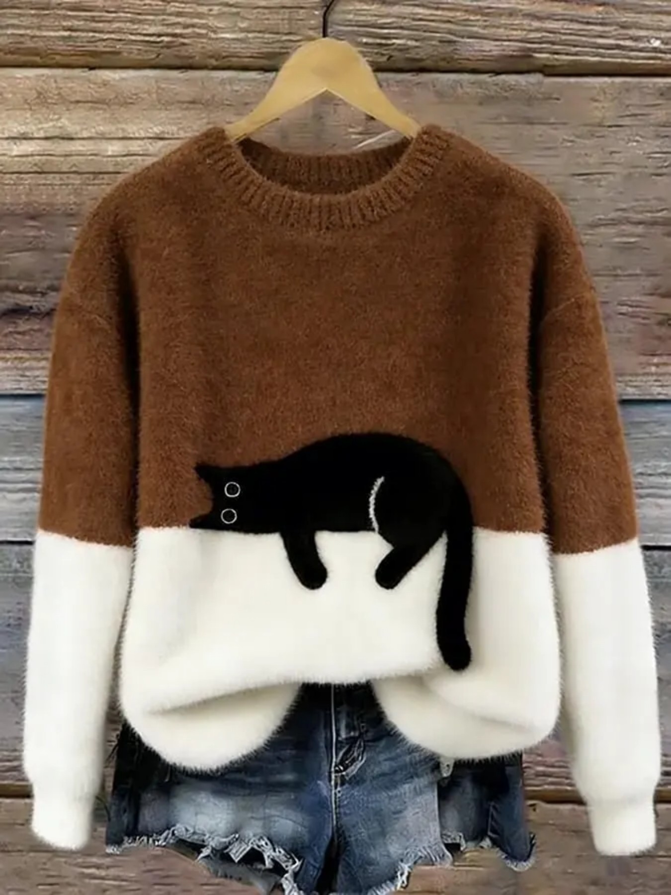 Sleeping Cat Print Crewneck Long Sleeve Pullover Sweatshirt