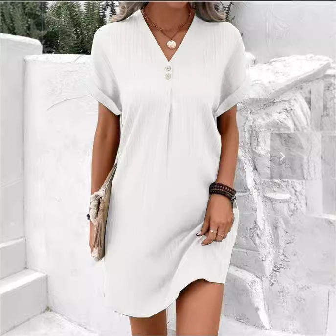 V-Neck Solid Button A-Line Midi Dress Short Sleeve Casual
