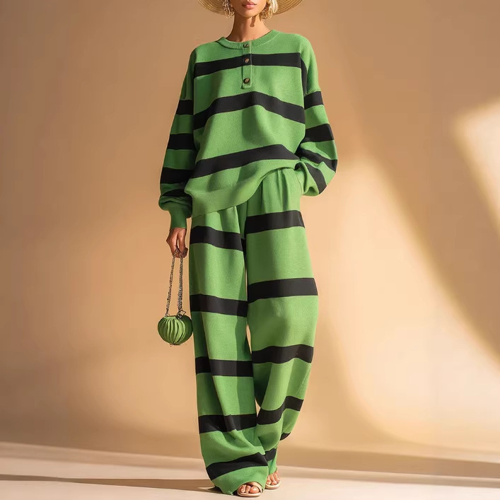 Green & Black Striped Casual Sweatshirt and Pants Set