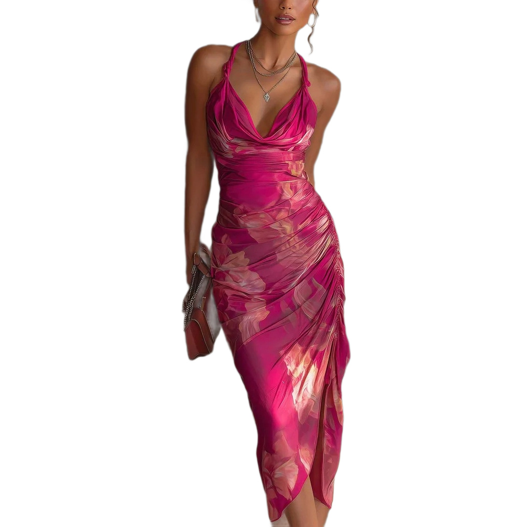 Women's Halter Neck Open Back Floral Print High Slit Midi Dress