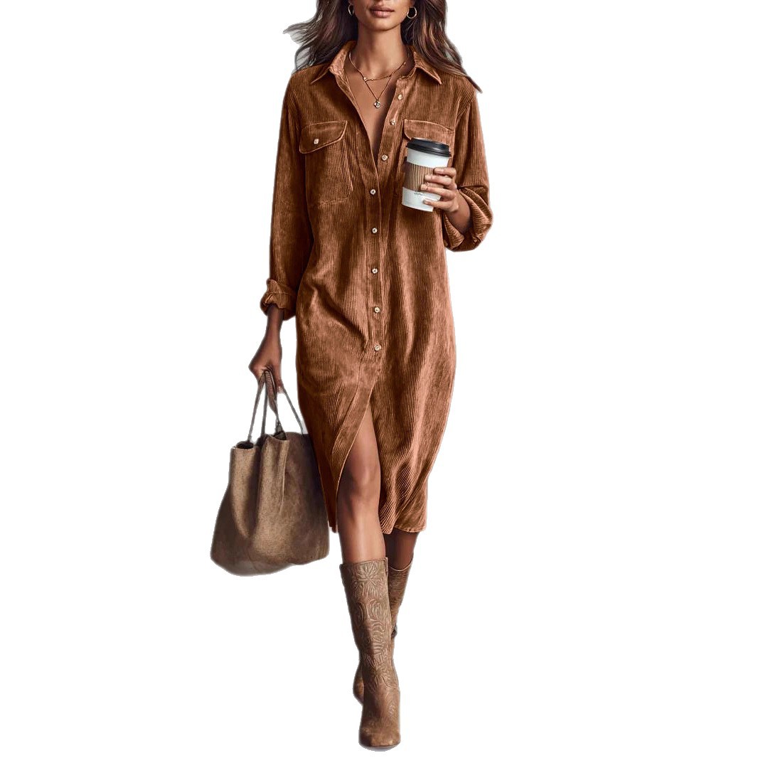 Corduroy Long Sleeve Collared Loose Midi Dress