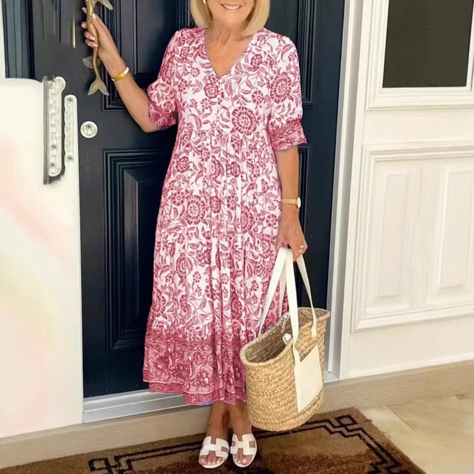 Floral Tie-Dye Print Midi Dress with V-Neck and Half Sleeves