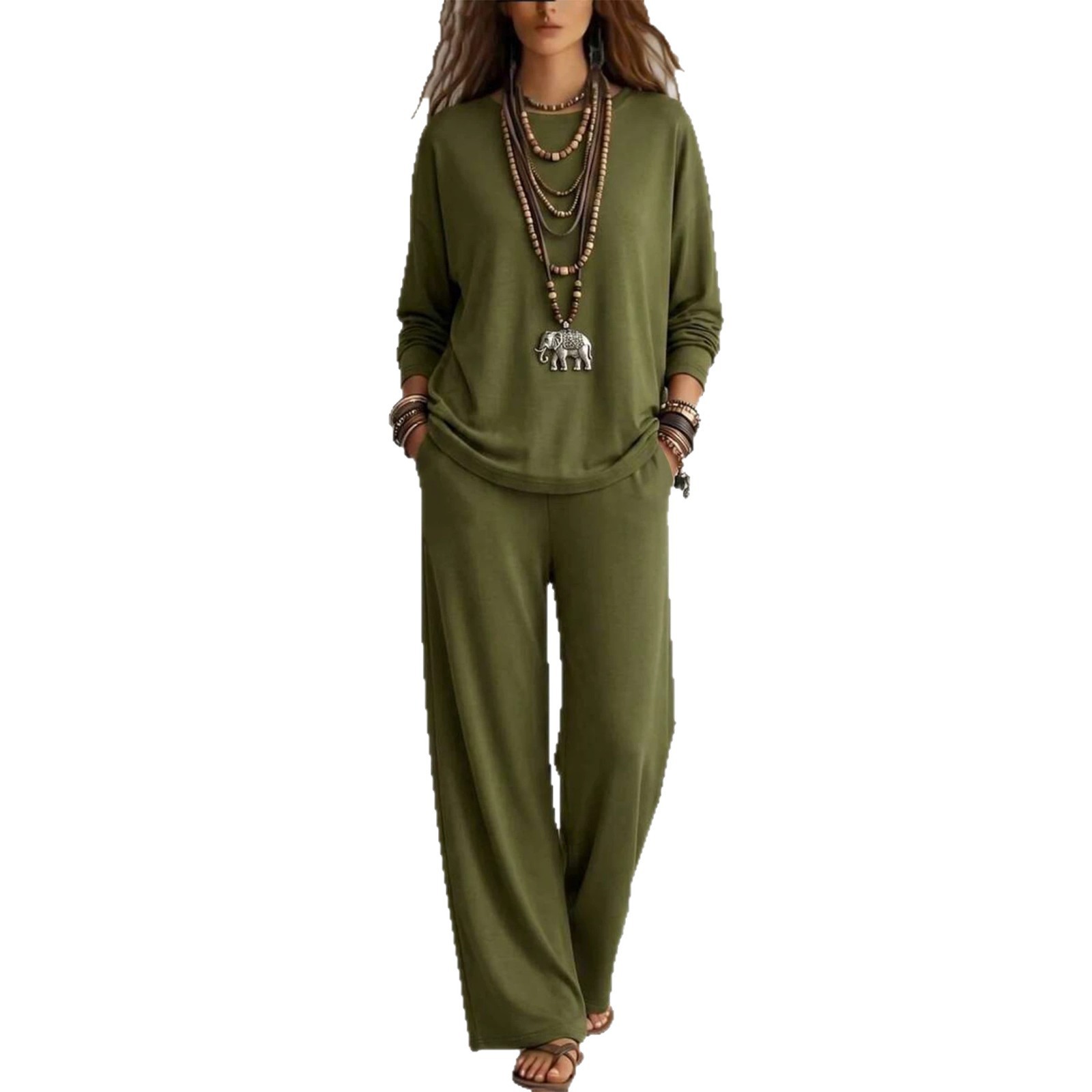 Women's Solid Color Two-Piece Set Long Sleeve Top & Wide-Leg Pants