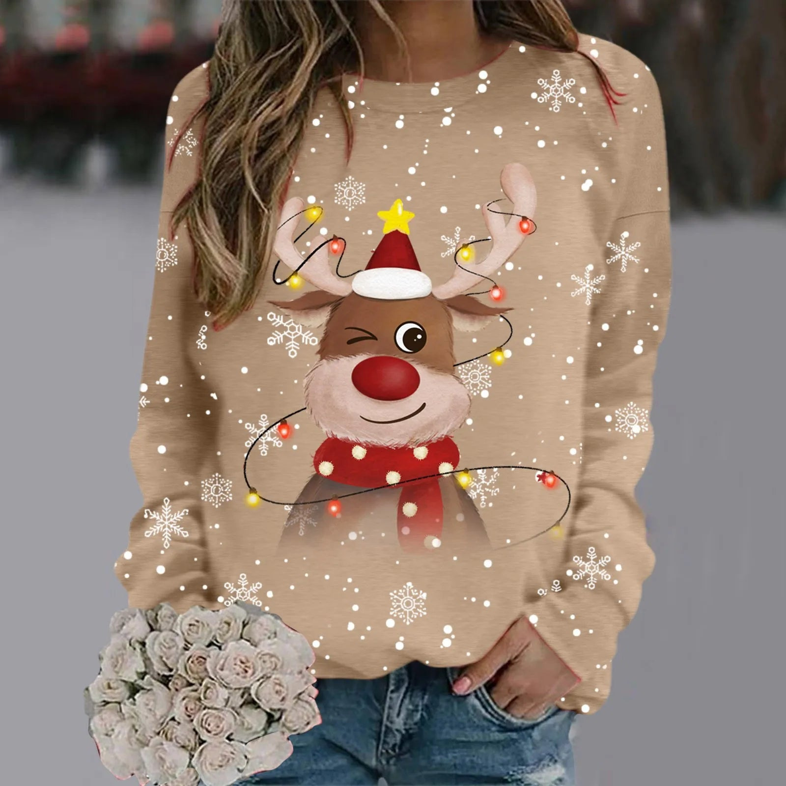 Women's Christmas Reindeer Snowflake Print Crewneck Sweatshirt