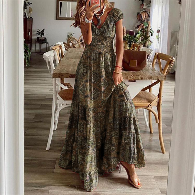 Bohemian V-Neck Floral Print High-Waist Maxi Dress