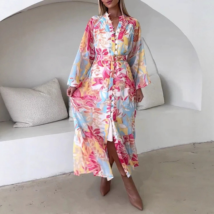 Elegant Floral Lantern Sleeve Midi Dress