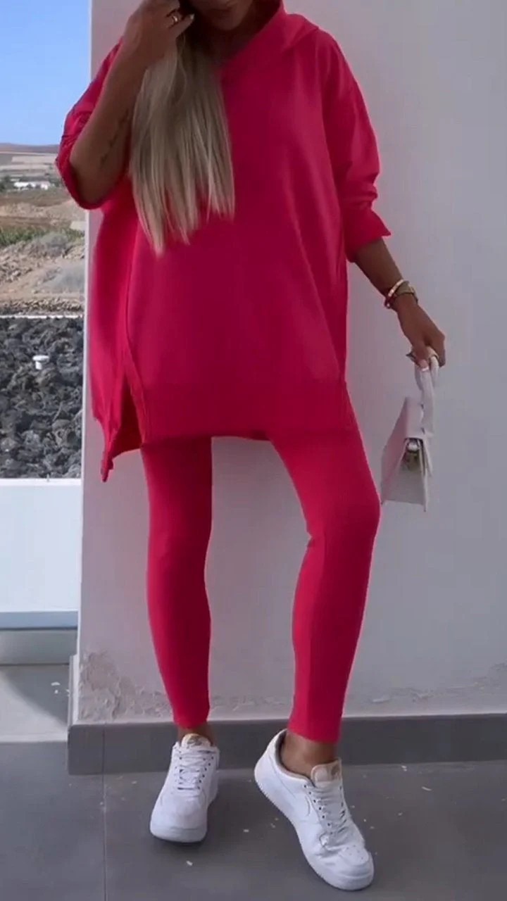 Women's Casual Hooded Split Top and Leggings Two-Piece Set