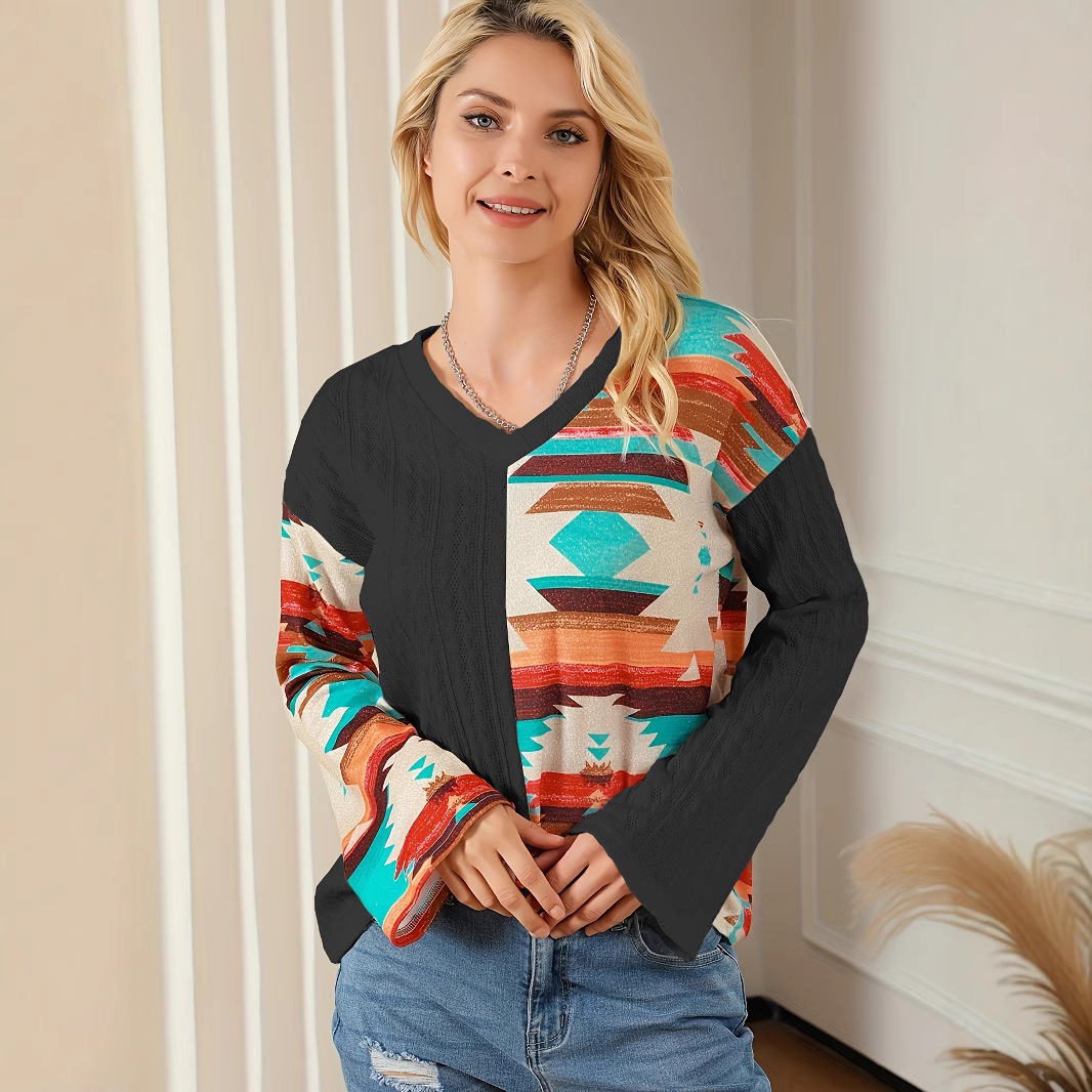 Women's Knit Sweatshirt Colorblock Print Long-Sleeve Pullover