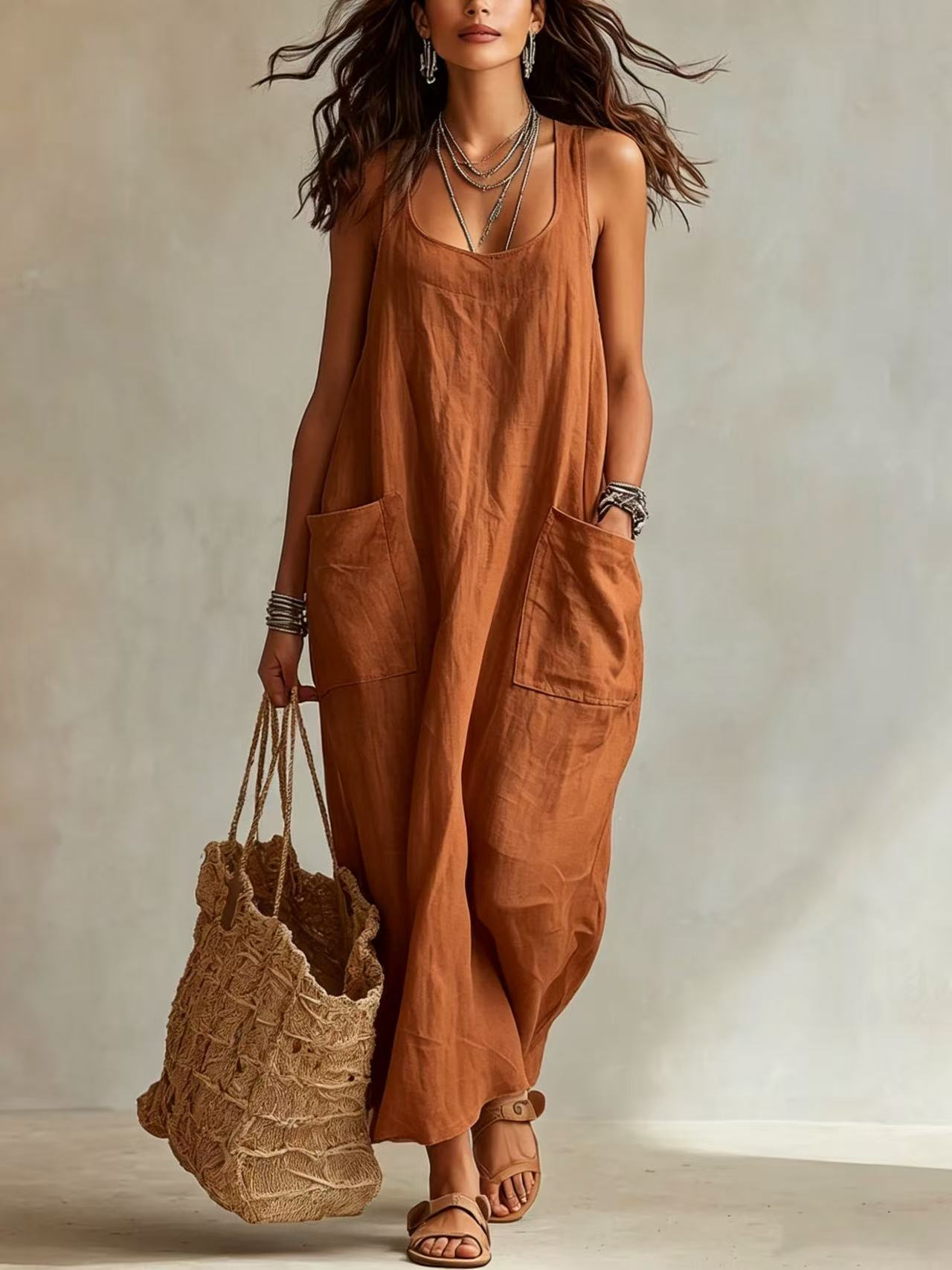 Women's Sleeveless Maxi Dress with Pockets Casual Solid Color