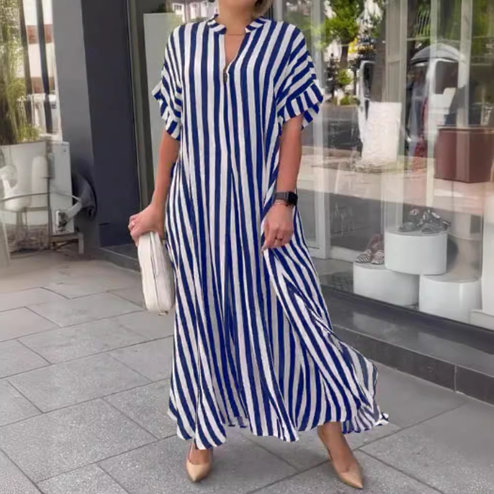 Striped V-Neck Short Sleeve Side Slit Loose Casual Dress