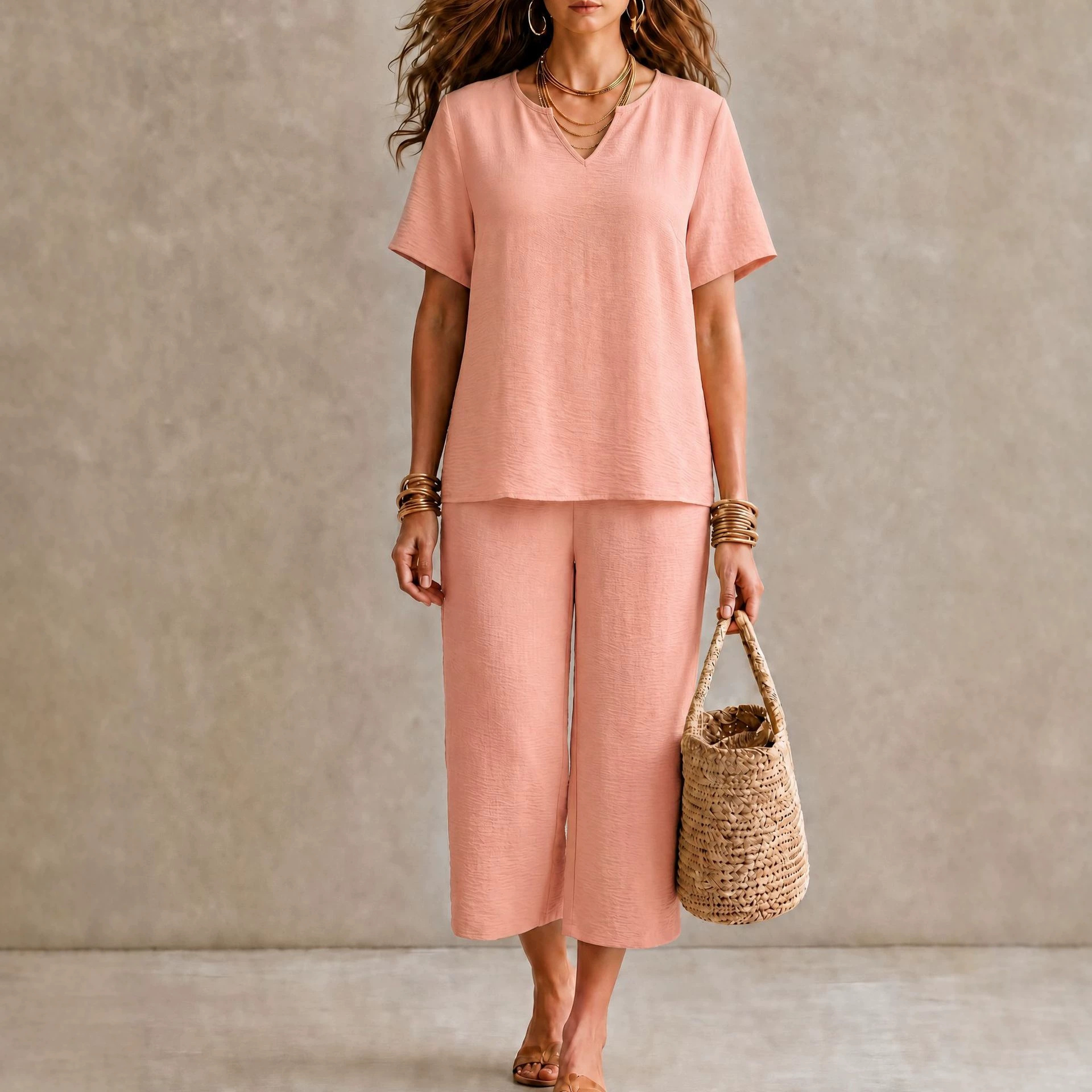 Women's Solid V-Neck Short Sleeve Shirt & Wide-Leg Pants Set with Elastic Waist
