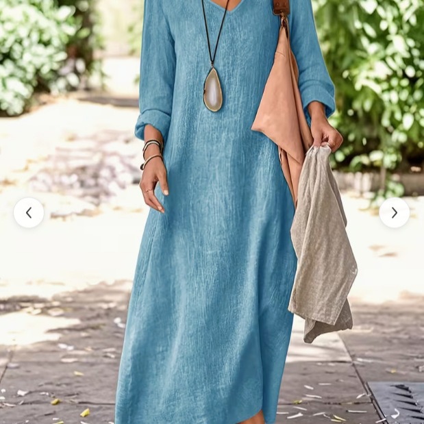 Women's Solid V-Neck Loose Long Dress with Flared Hem