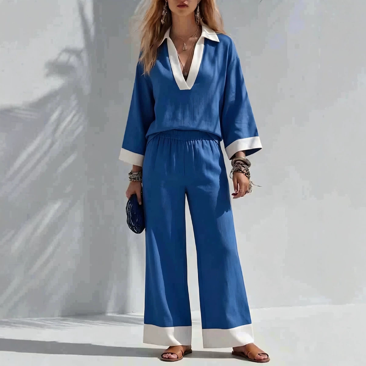 Women's V-Neck Long-Sleeve Top and Wide-Leg Pants Set