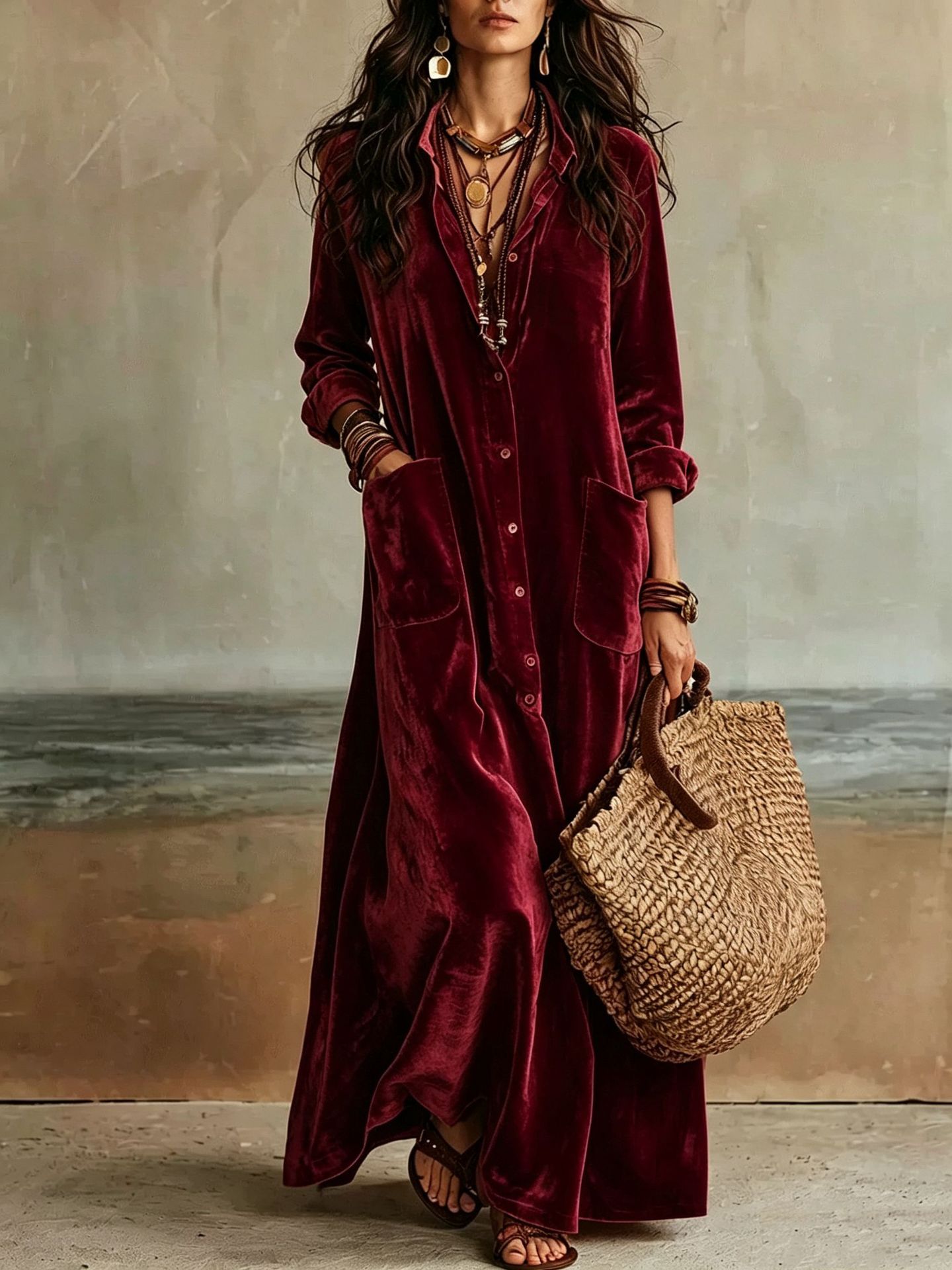 Boho Velvet Long Shirt Dress Solid Color Loose Fit