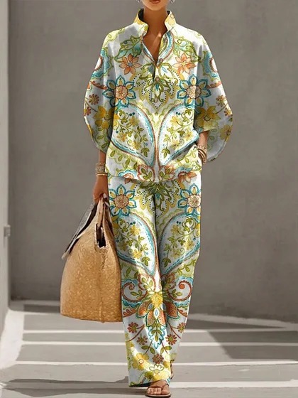 Women's Polka Dot Floral Print Long Sleeve Button-Up Top Set