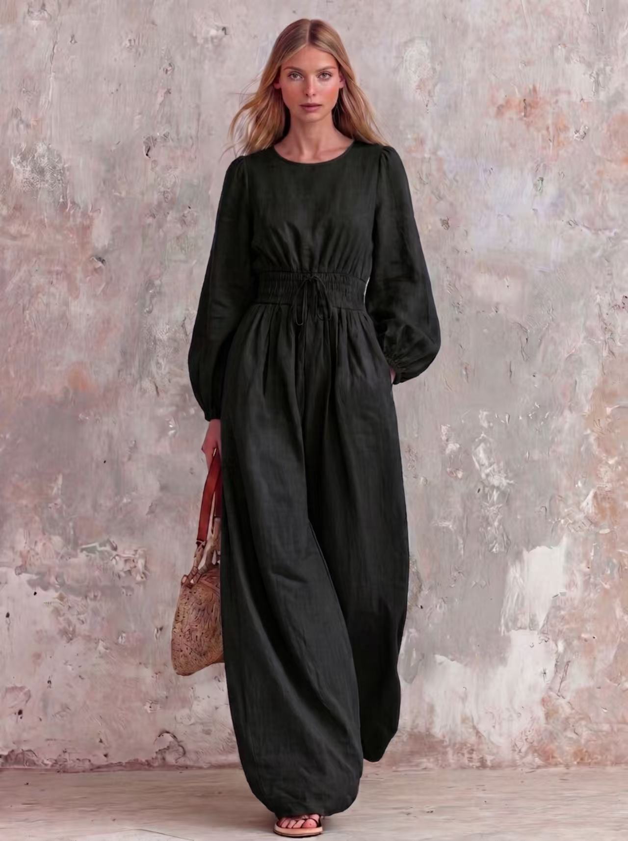 Women's Casual Vintage Solid Color Waist-Defining Smocked Jumpsuit