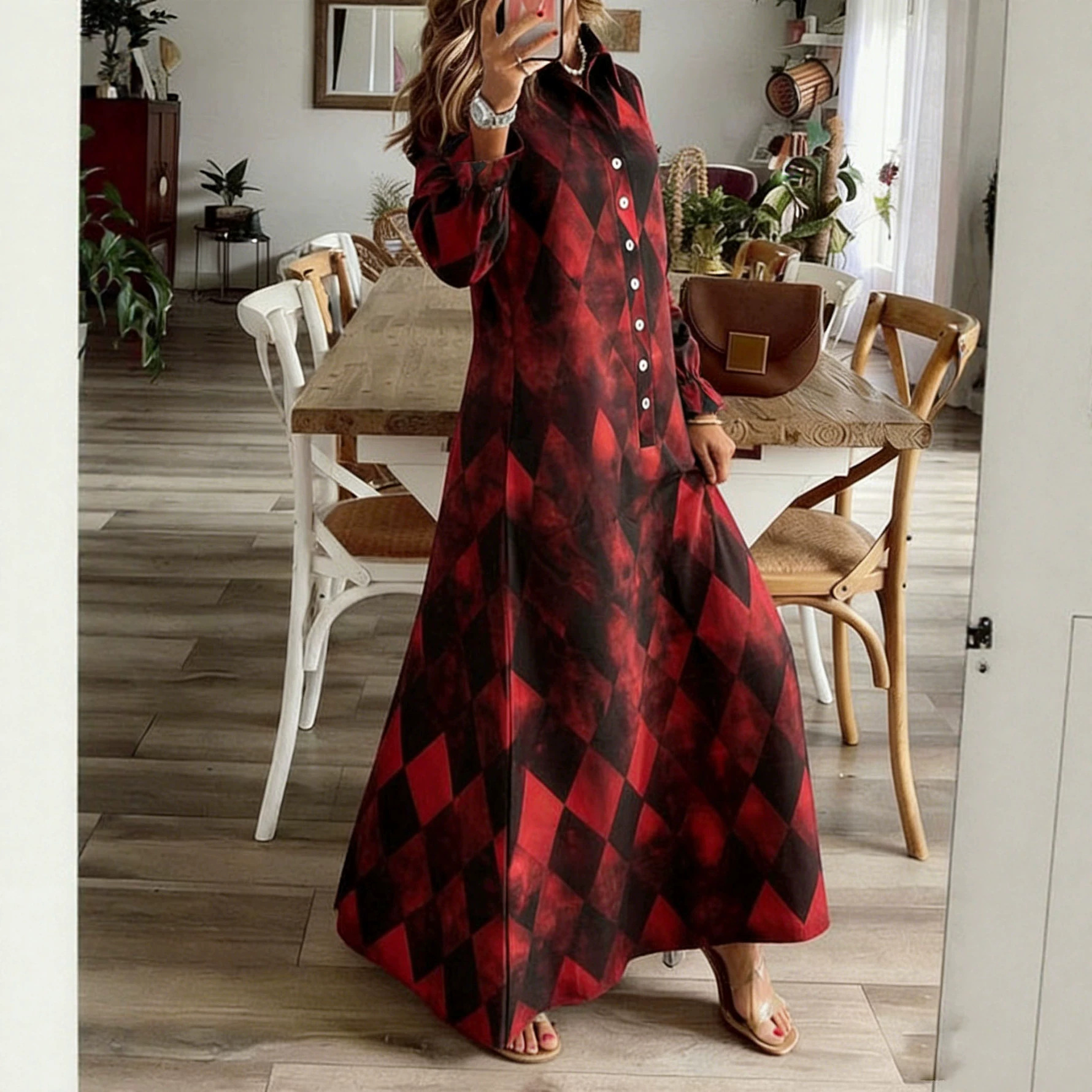 Plaid Ruffle Sleeve Loose A-Line Long Dress