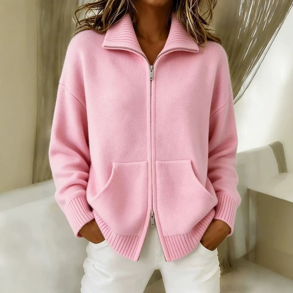 Women's Knit Polo Collar Zip-Up Sweatshirt