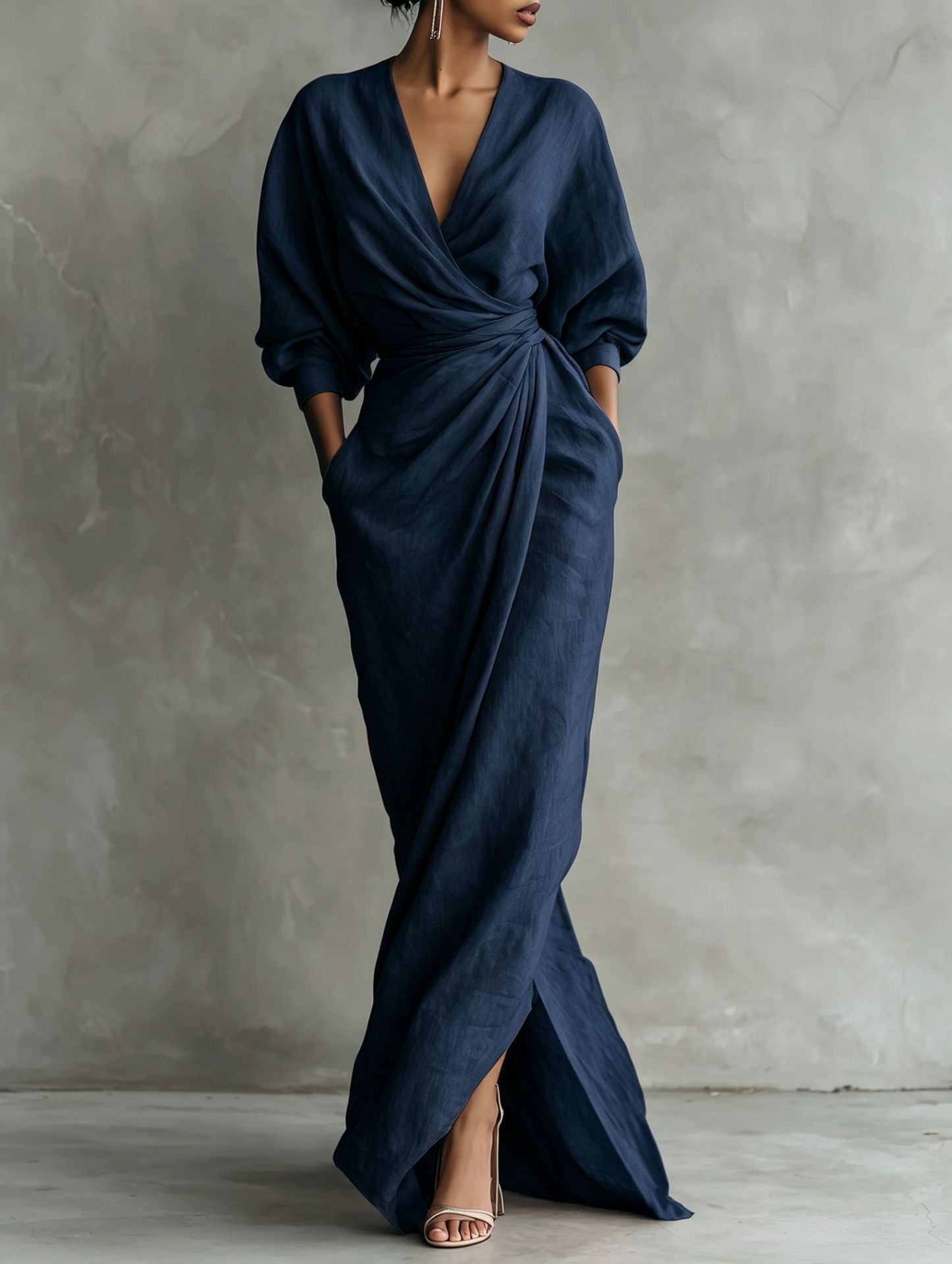 V-Neck Solid Linen-Blend Loose A-Line Midi Dress