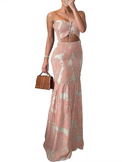 Tropical Print Smocked Tube Top and Ruffle Hem Long Pants Set