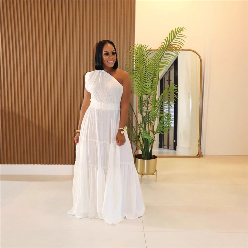 Linen-Blend One-Shoulder Long Dress Solid Color