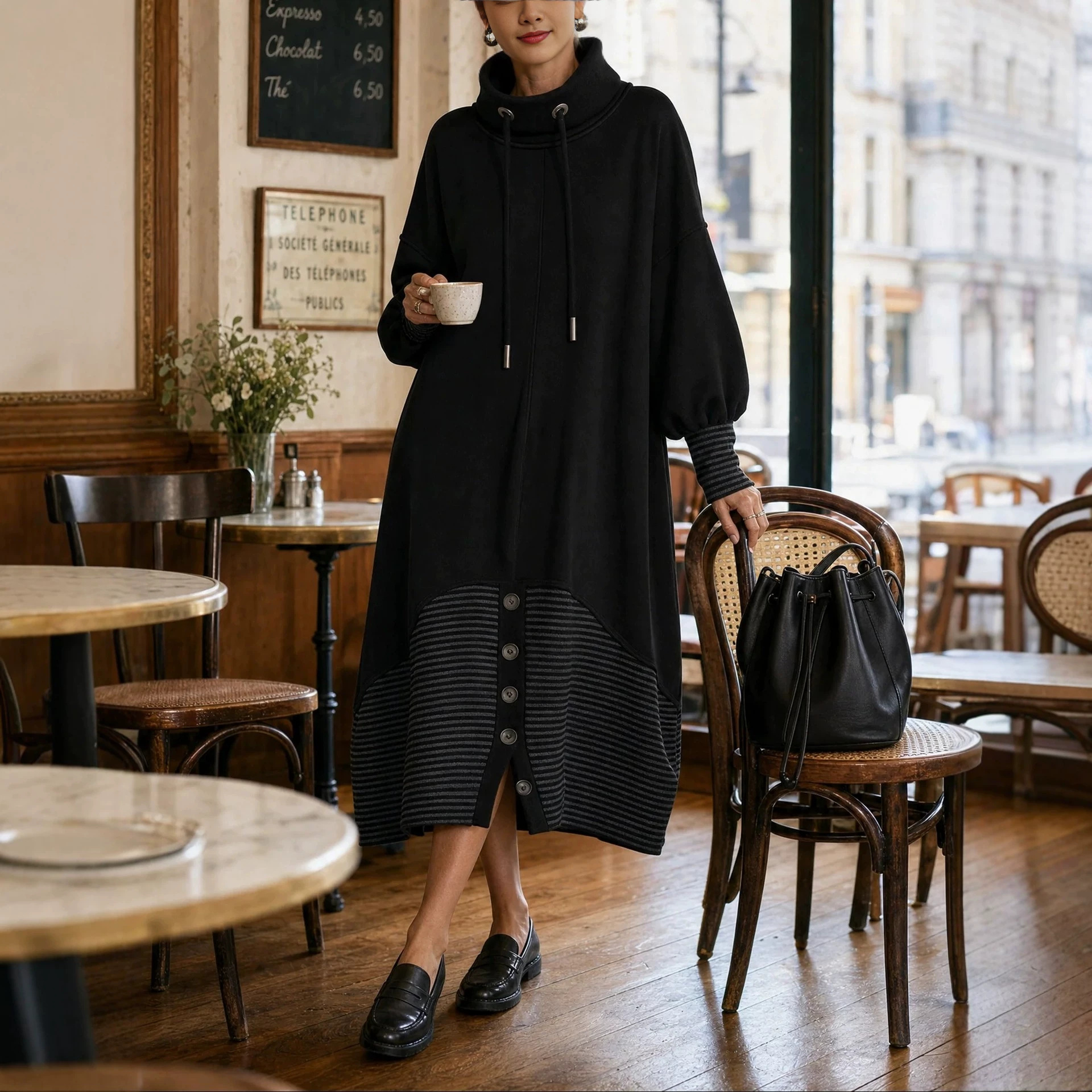 High Neck Drawstring Striped Sweatshirt Maxi Dress Puff Sleeve Button Slit