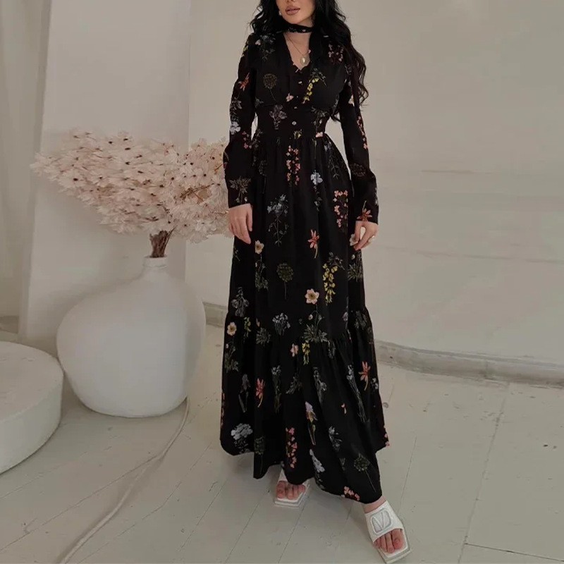 French Floral Spliced V-Neck Tie Midi Dress