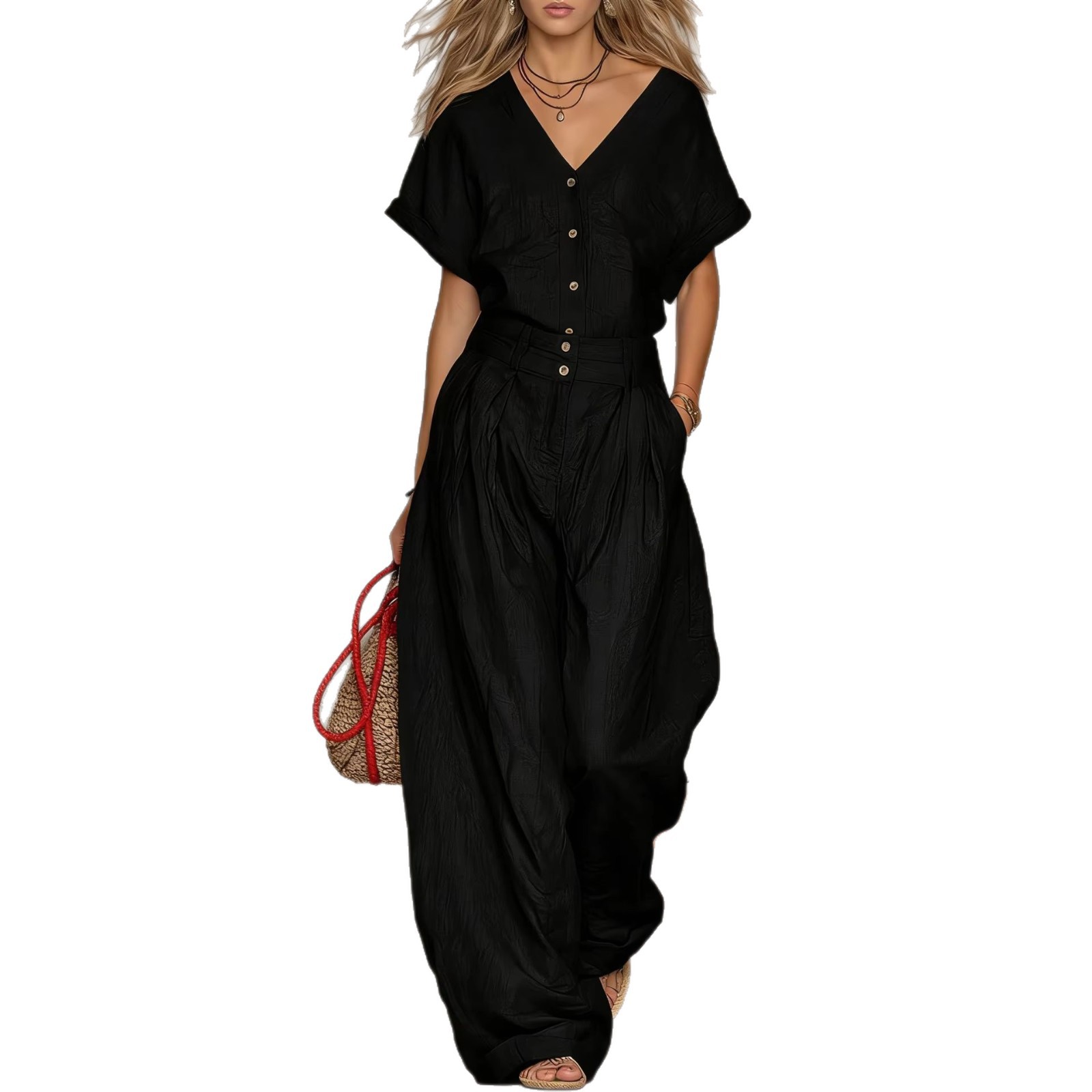 Women's Two-Piece Shirt and Wide-Leg Pants Set Casual Comfortable