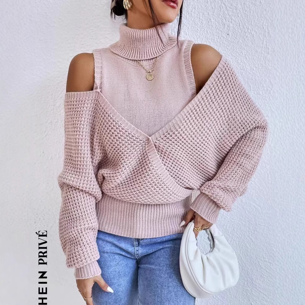 Women's Off-Shoulder Turtleneck Sweater Solid Color Double-Layer Knit Long Sleeve