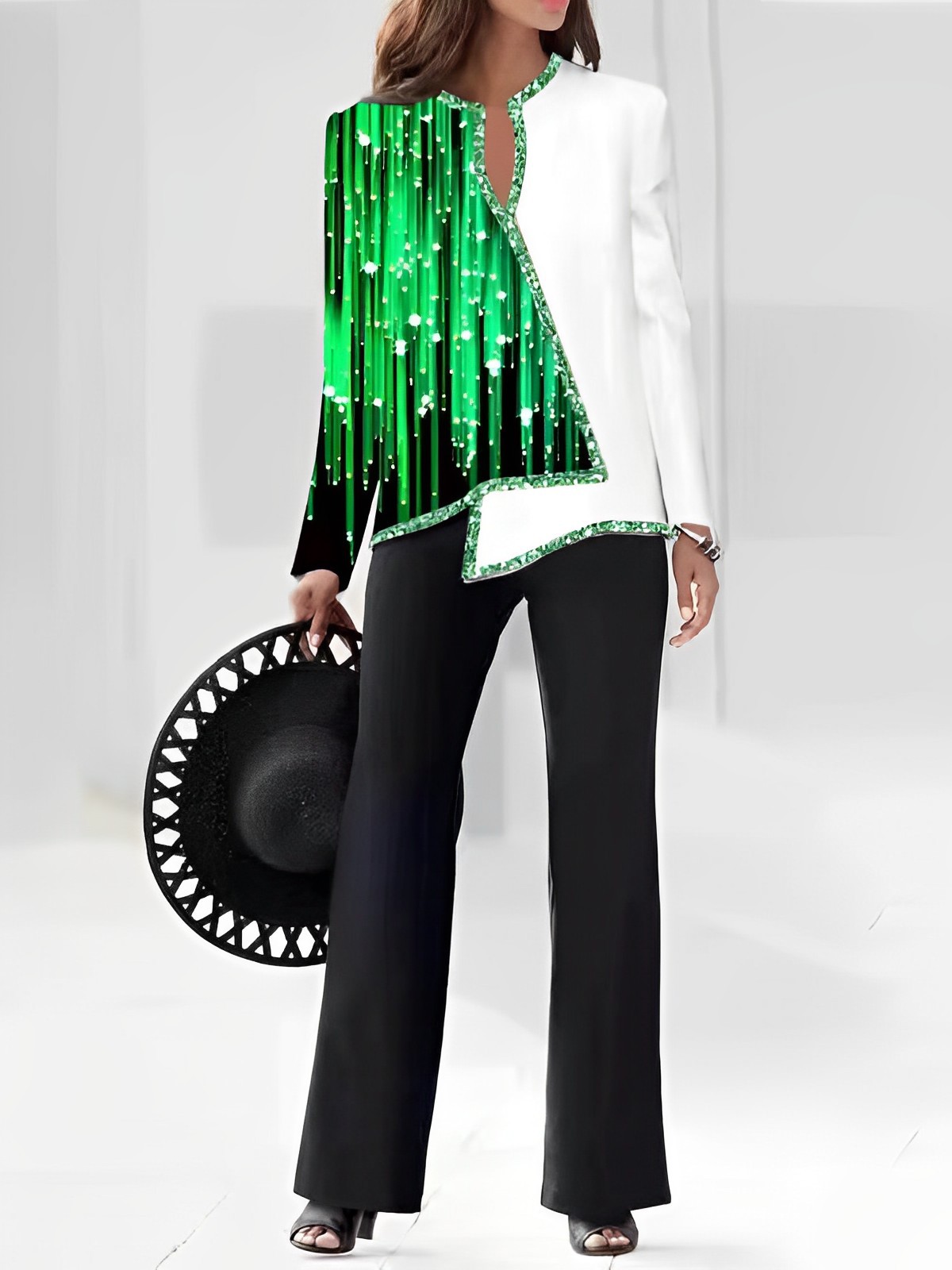3D Digital Print V-Neck Asymmetric Shirt & Pants Set