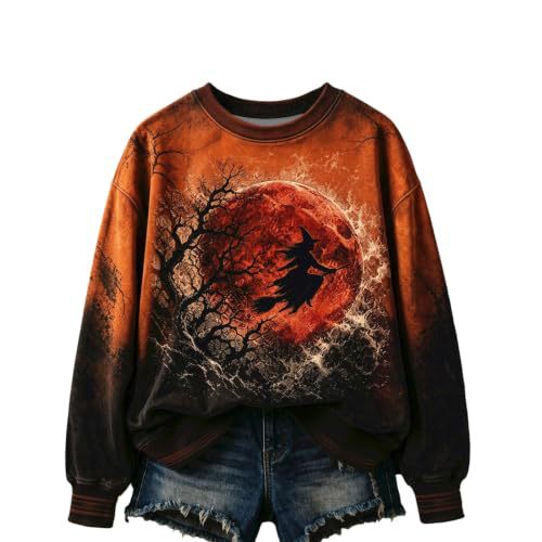 Halloween Witch Castle Print Crewneck Long Sleeve Pullover Sweatshirt