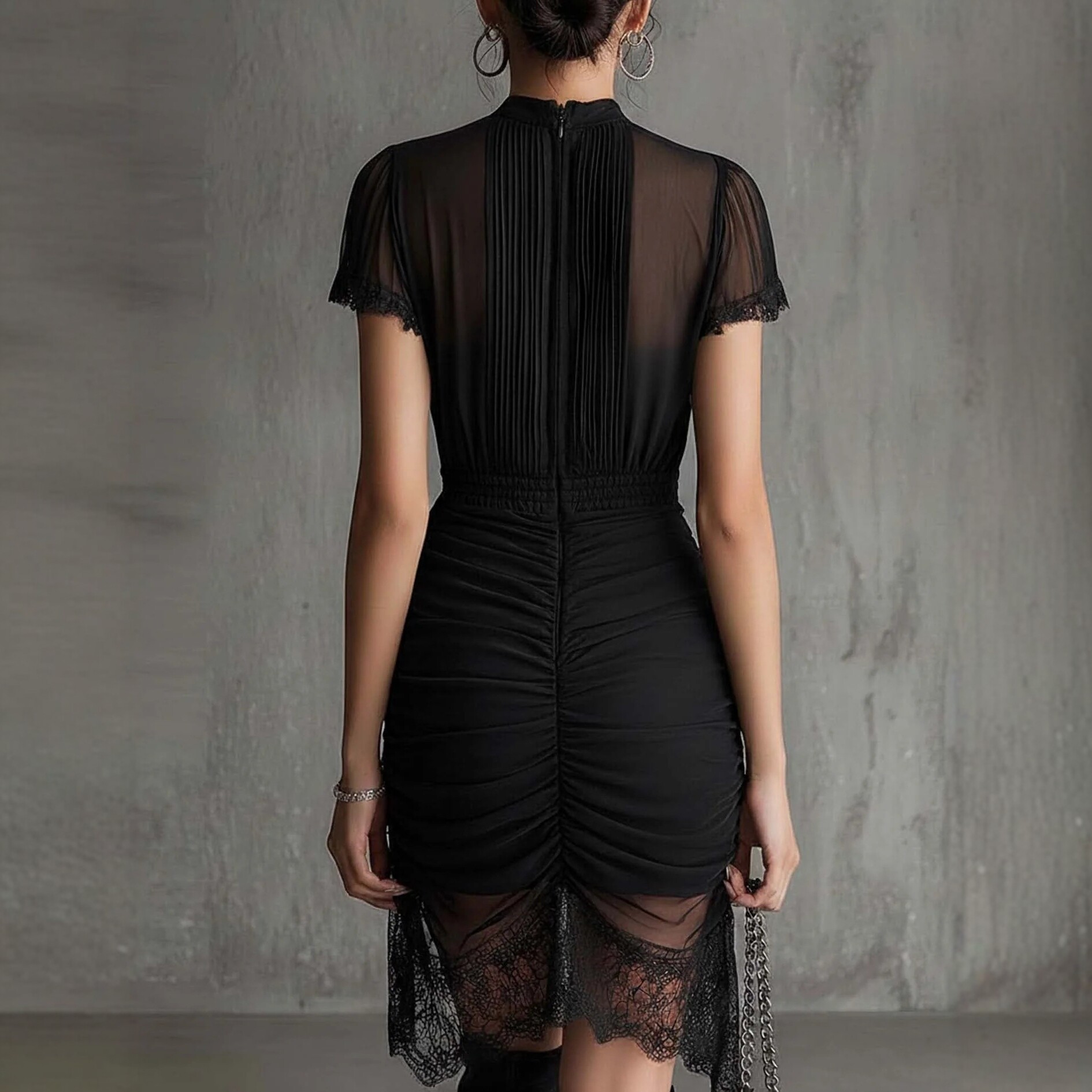 Black Sheer Lace Panel Bodycon Mini Dress with High Slit