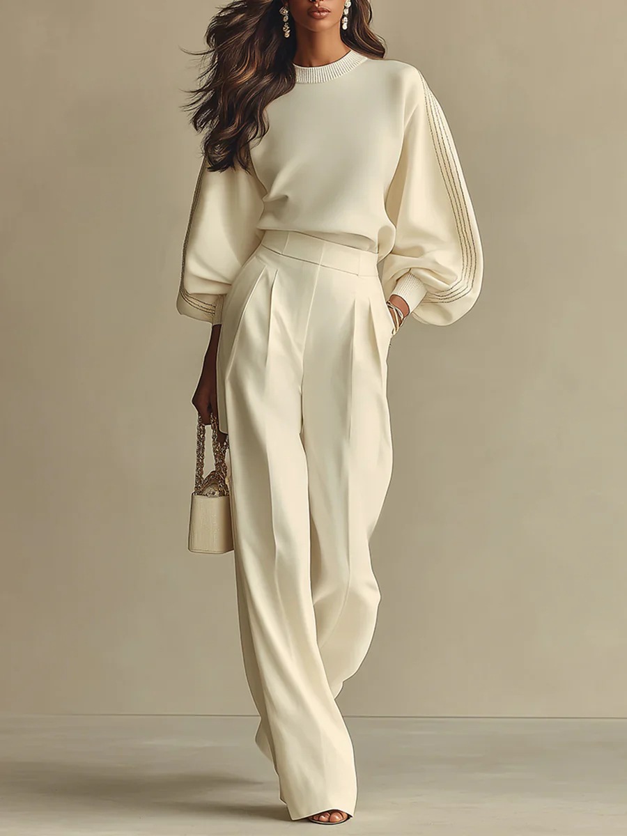 Off-White Knit Top and High-Waist Wide-Leg Pants Set