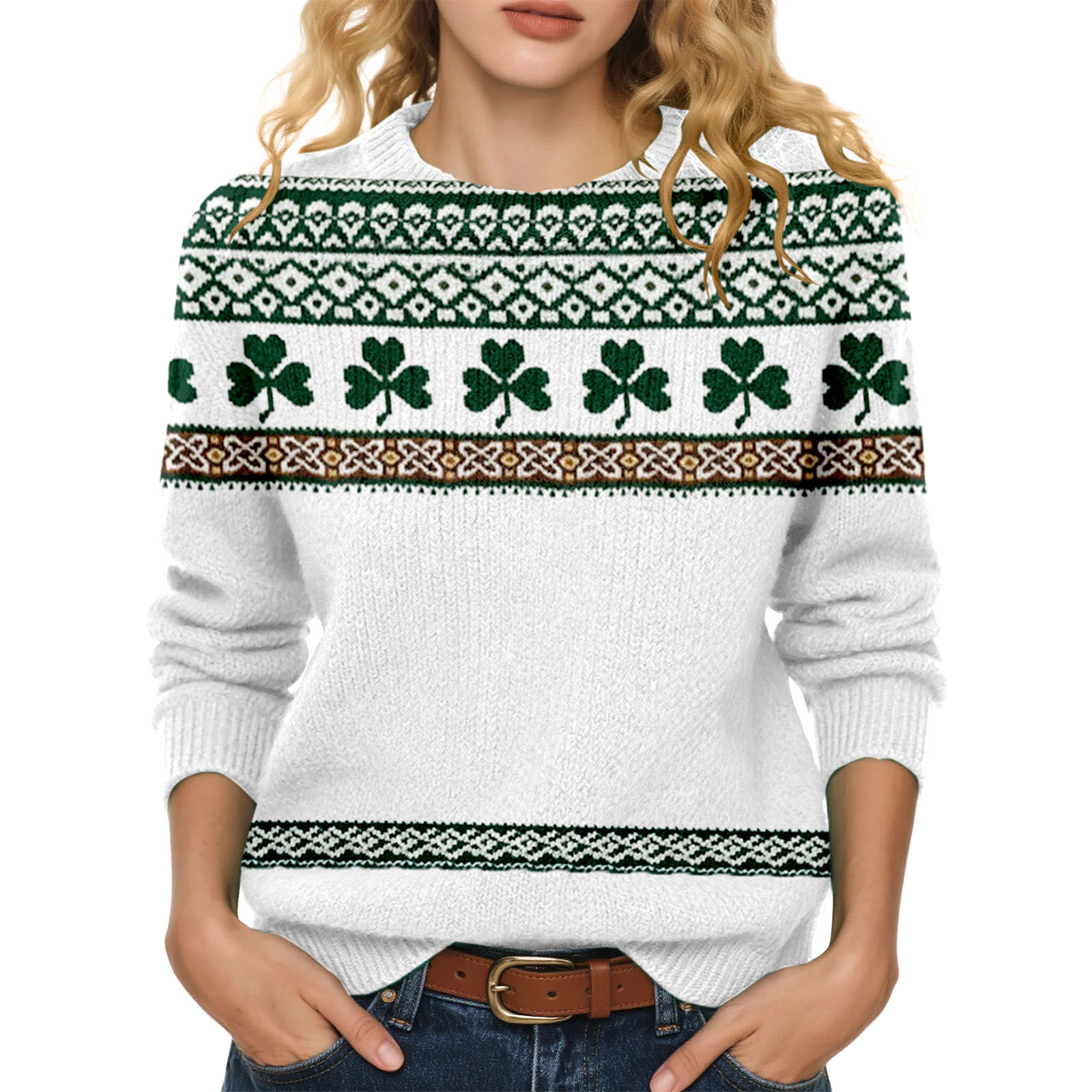 Lucky Clover Print Crewneck Sweatshirt for Women Casual Pullover