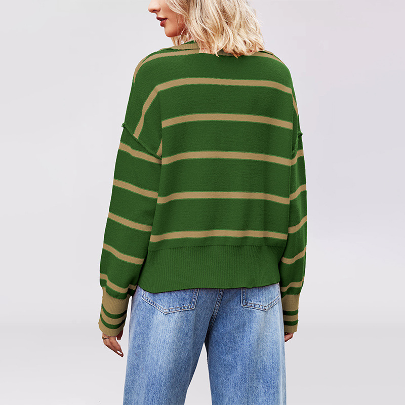 Striped Colorblock Knit Sweater with Collar Loose Plus Size