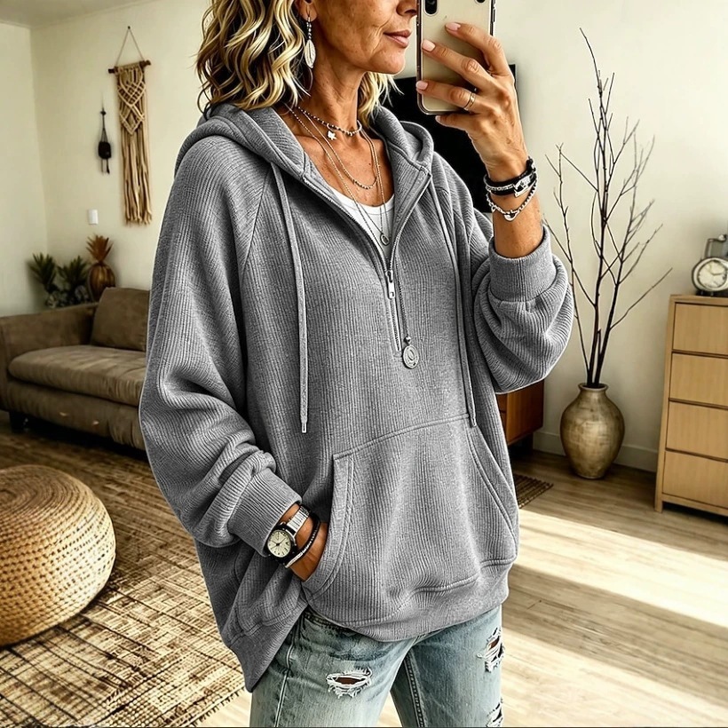 Women's Corduroy Hooded Pullover Sweatshirt with Drawstring Pocket Half-Button