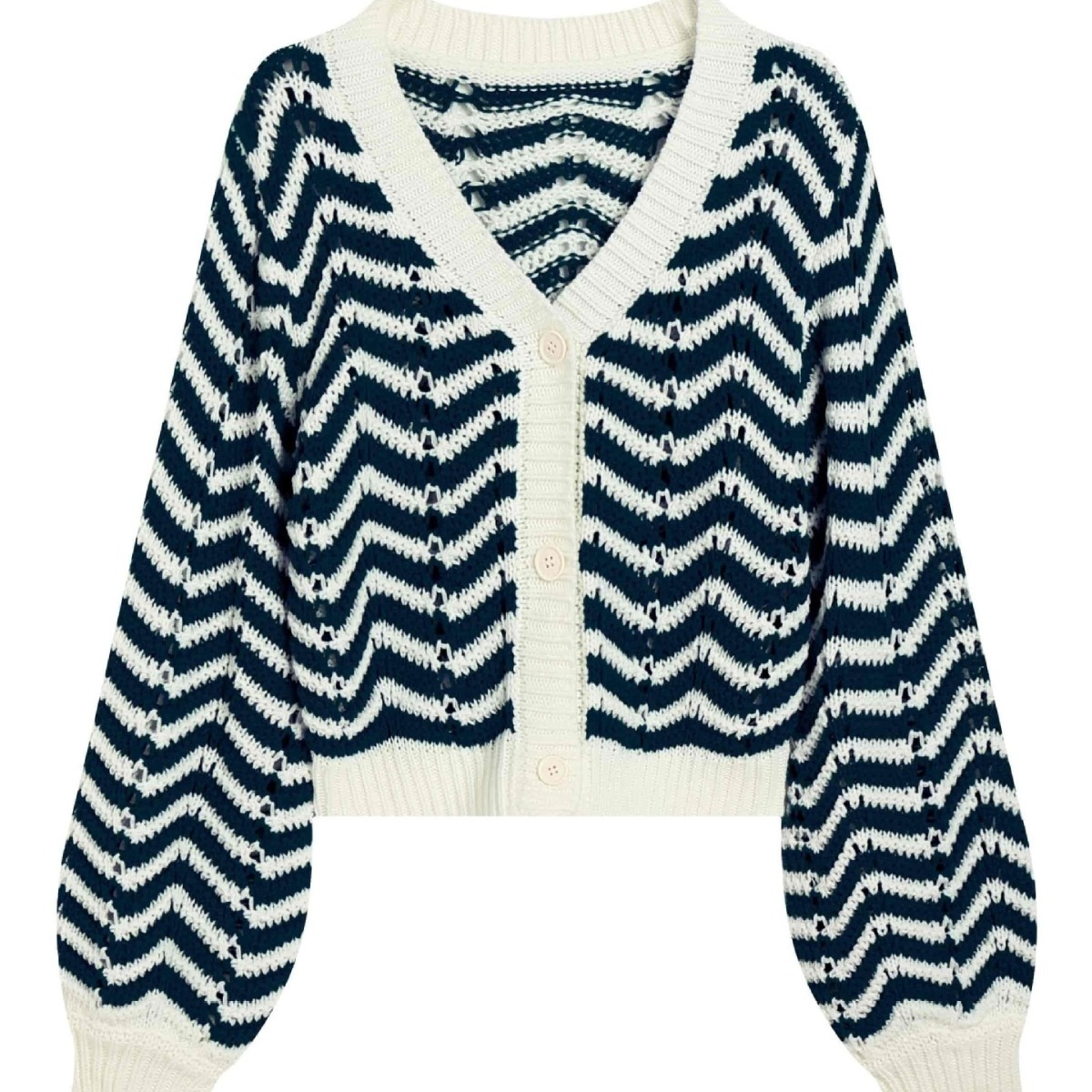 Retro Striped Knit Cardigan V-Neck Button Short Long-Sleeve Hollow-Out Sweater