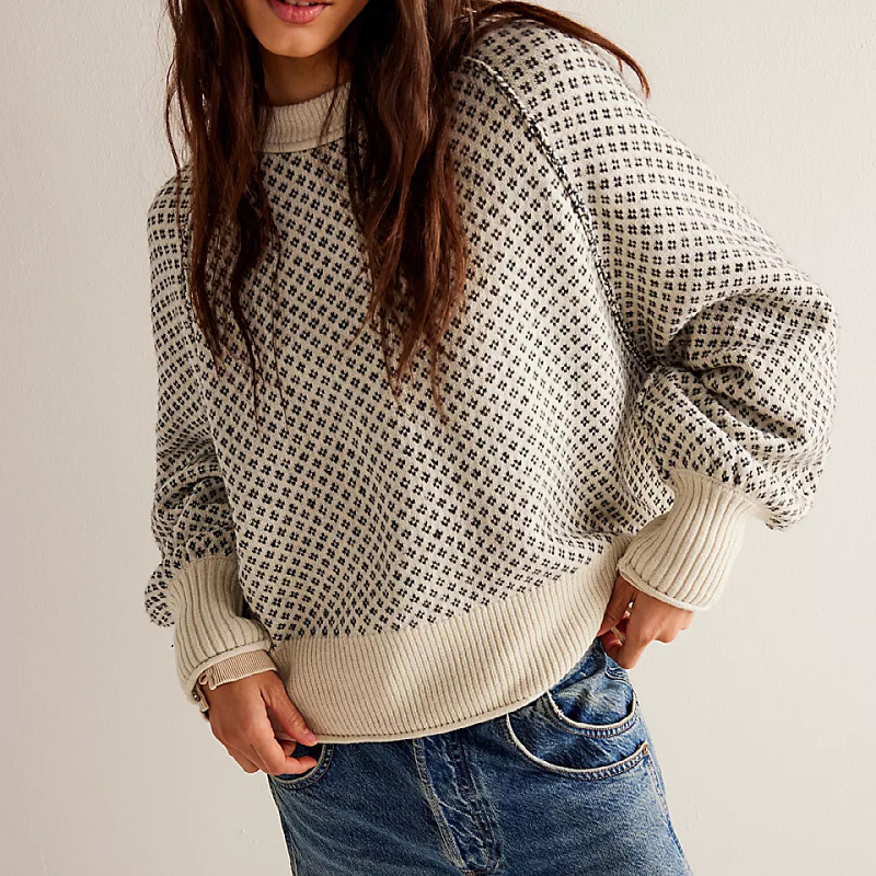 Women's Long Sleeve Jacquard Crewneck Pullover Sweater
