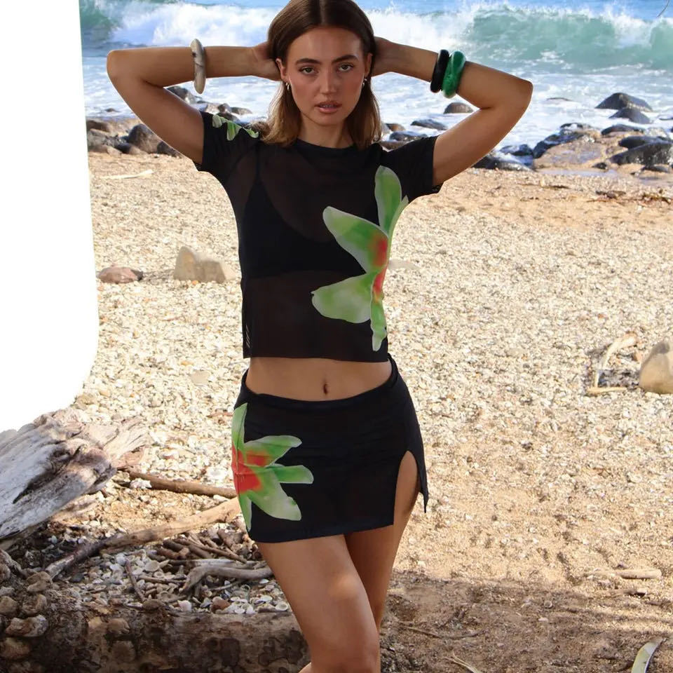 Floral Print Sheer Short Sleeve T-Shirt and Slit A-Line Mini Skirt Two-Piece Set