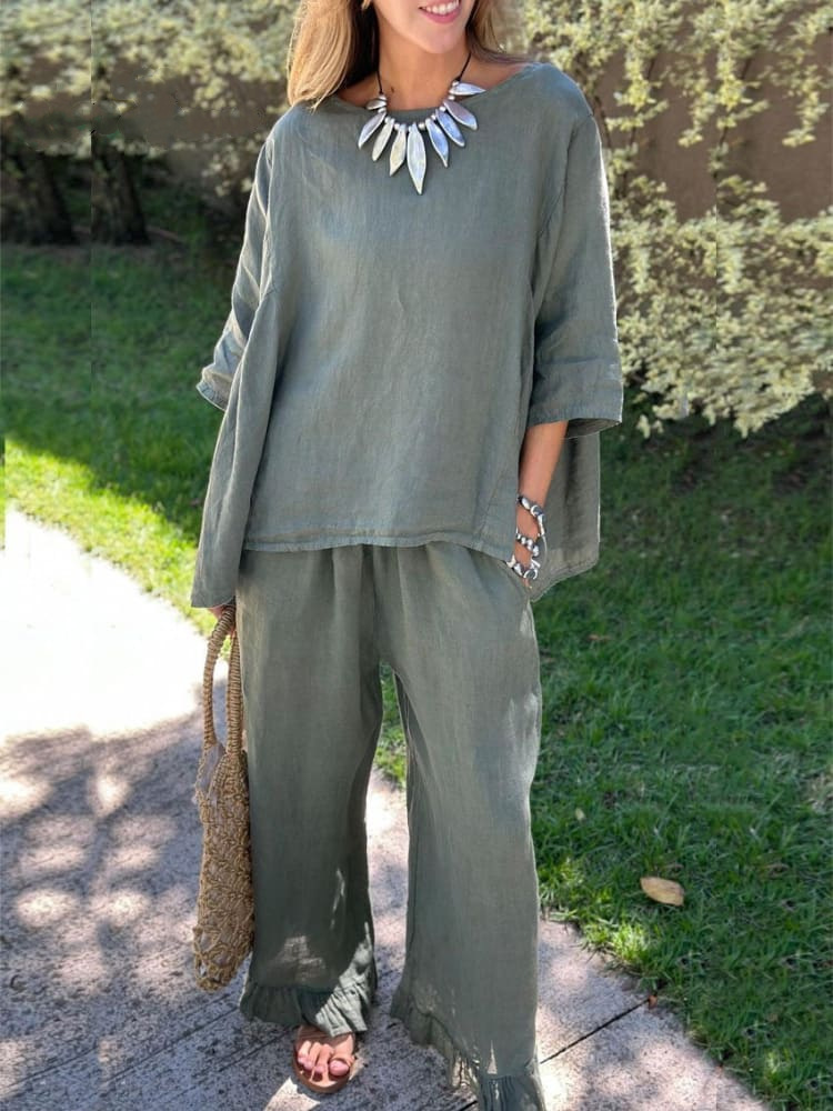 Women's Cotton-Linen Two-Piece Set Casual Solid Color Long Pants Outfit
