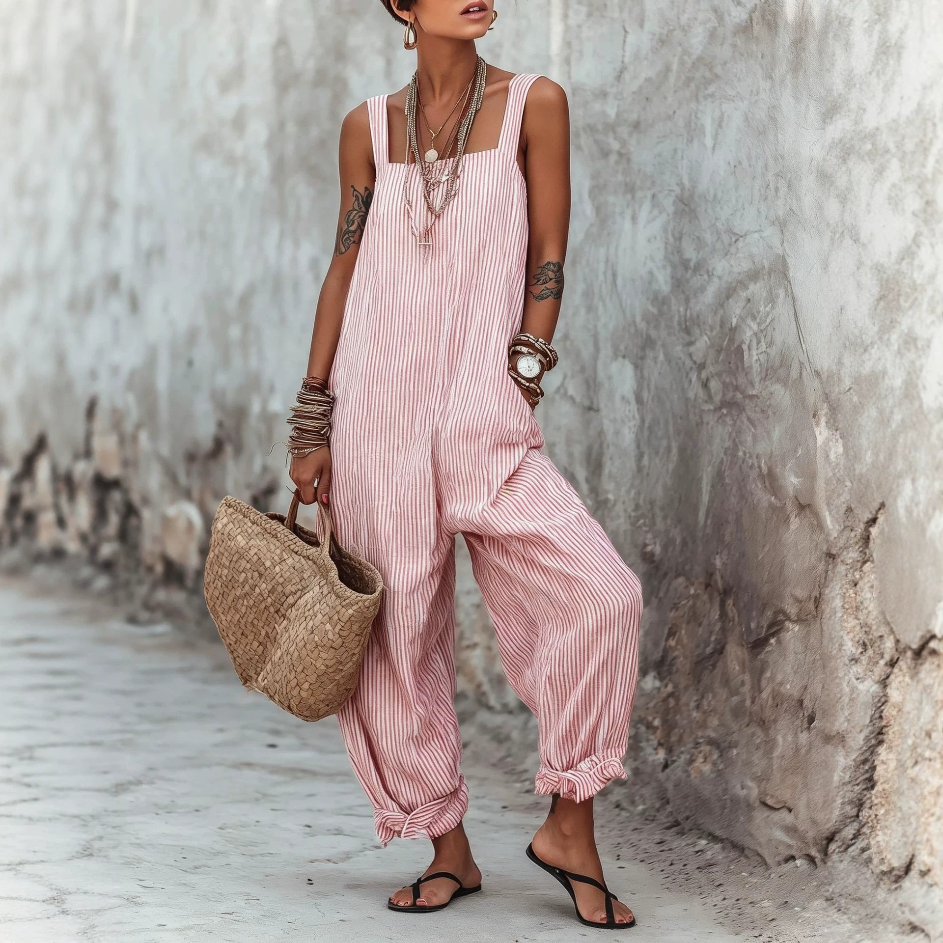Women's Sleeveless Striped Print Loose Casual Jumpsuit